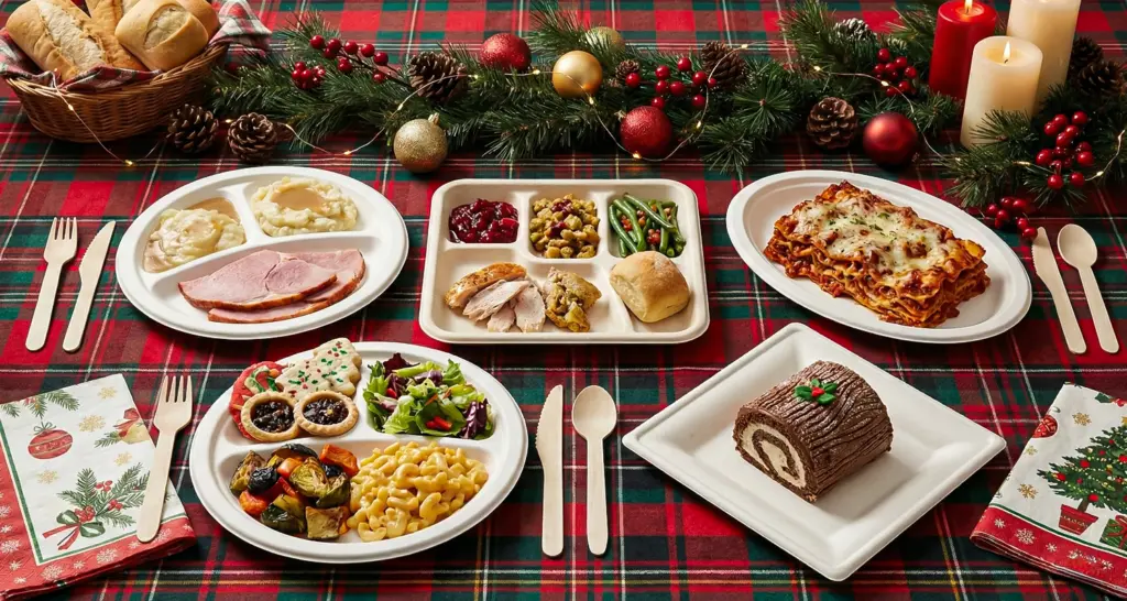 Festive holiday table featuring Biodegradable Plates