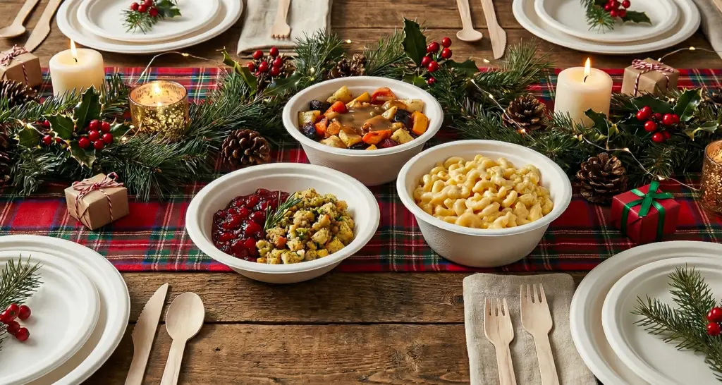 Festive holiday table with compostable bowls