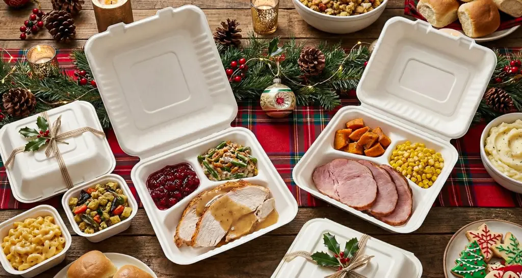 Compostable clamshell food containers for a festive holiday meal spread