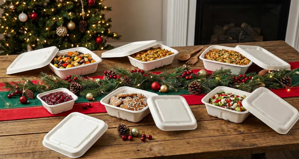 Compostable Boxes with Lids for a festive holiday meal spread