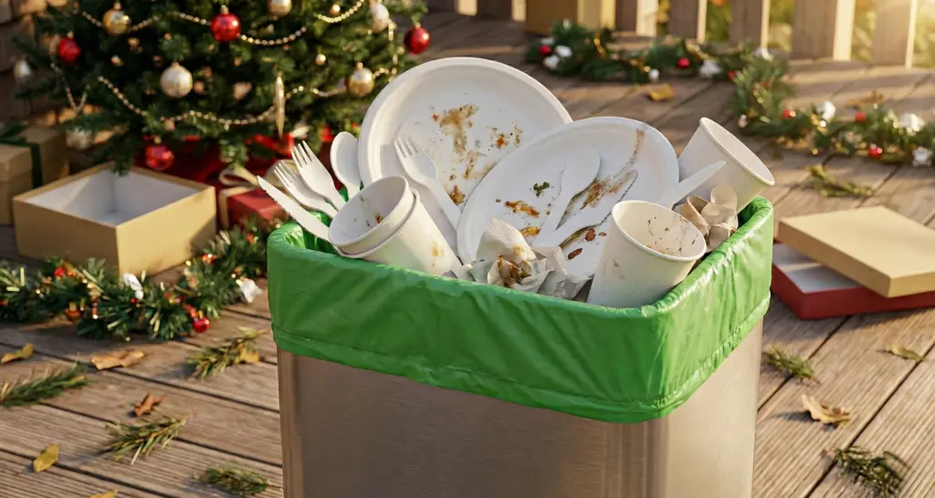 Bulk Price Compostable Garbage Bags filled with Biodegradable Plates, Bowls, and Containers.