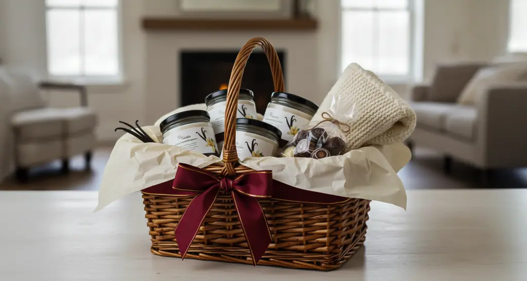 A gift basket with scented candles in it.