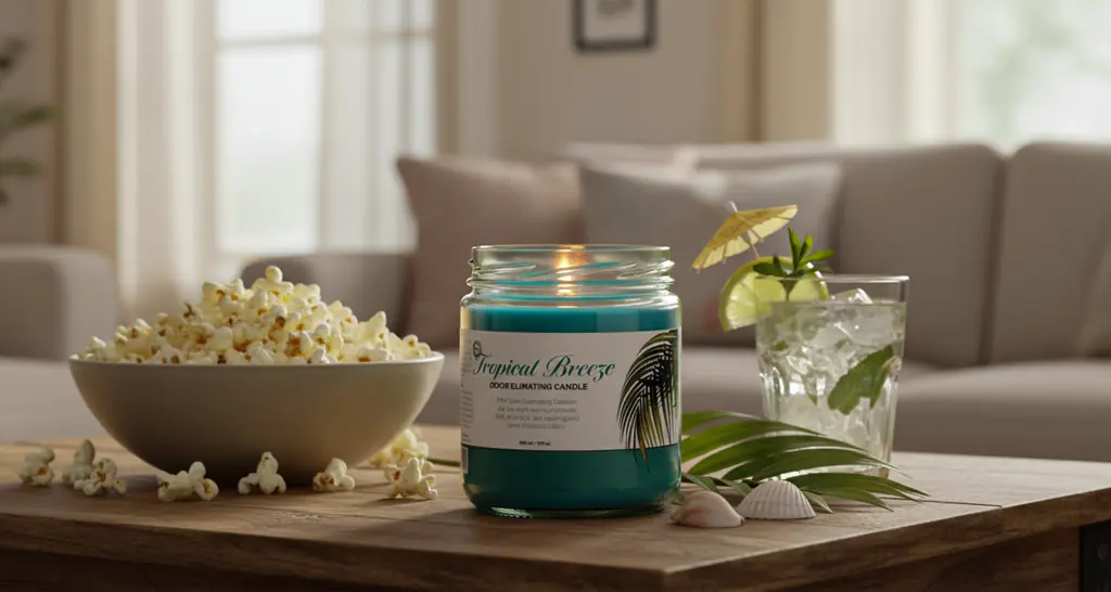 A "Tropical Breeze" candle sits on a wooden table beside a bowl of popcorn and a drink adorned with an umbrella.
