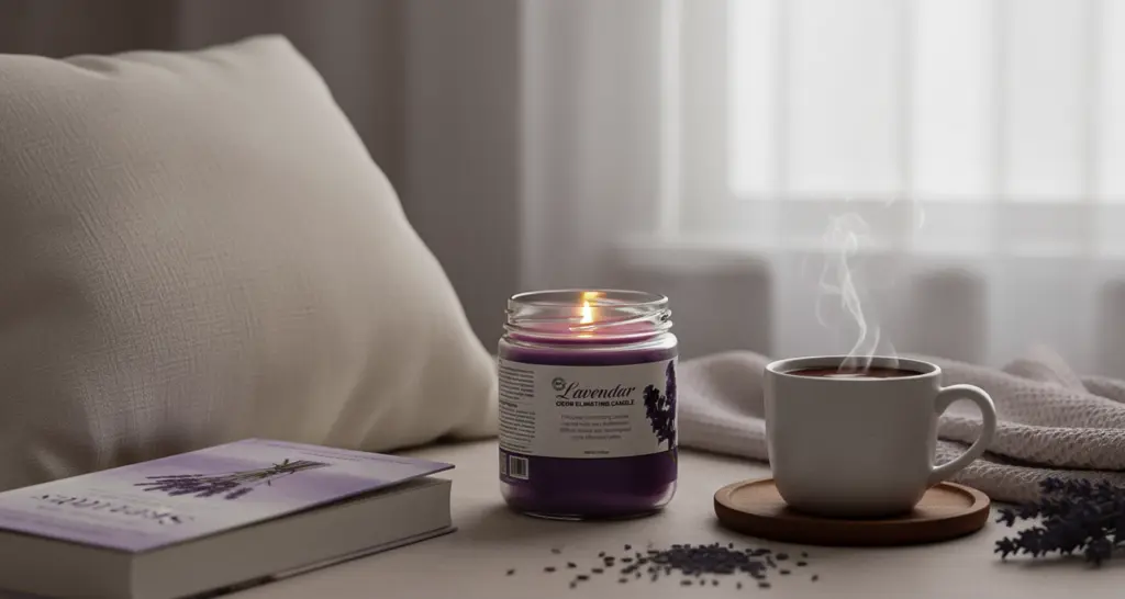 A cozy setting features a lit lavender candle, a steaming cup of tea on a wooden coaster, a book, and soft pillows.
