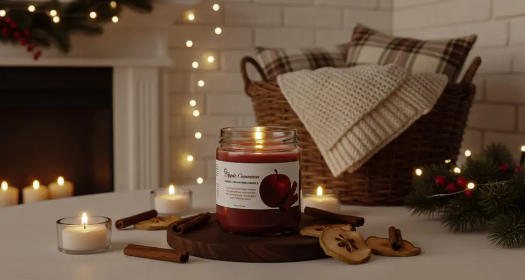 A cozy scene with a lit apple-cinnamon candle, surrounded by cinnamon sticks and dried apple slices. Soft lighting, a basket with blankets, and festively adorned fireplace.